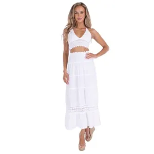 SEASPICE Resortwear Amy Two-Piece Halter and Maxi Skirt White Cotton Lace Large
