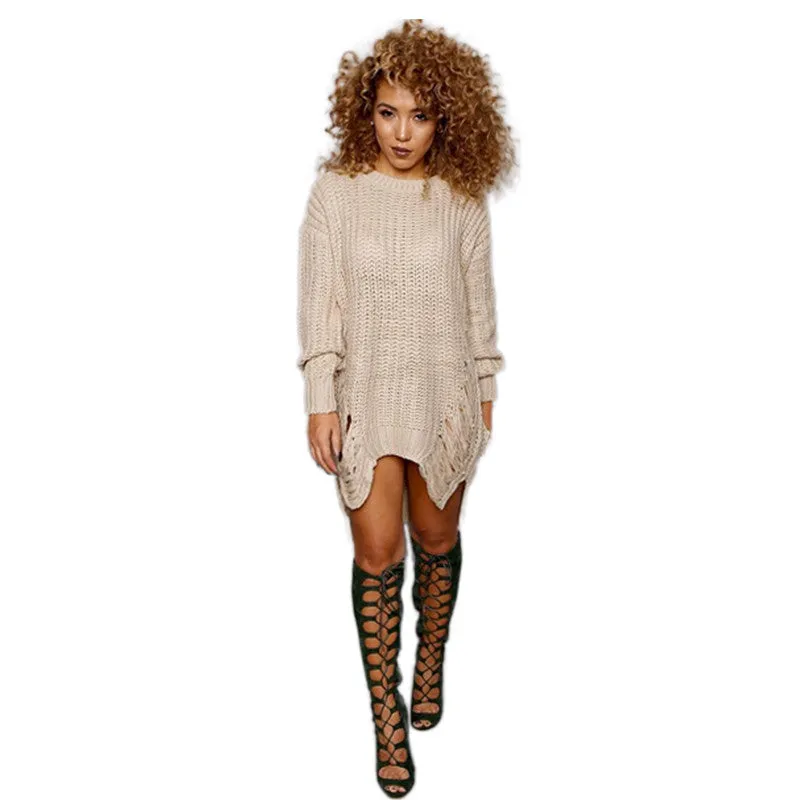 Sedrinuo Casual Knitted Sweater Dresses Women Long Sleeve pullover Round Neck Bodycon Irregular Khaki/Black Loose Sweater Dress