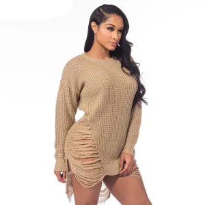 Sedrinuo Casual Knitted Sweater Dresses Women Long Sleeve pullover Round Neck Bodycon Irregular Khaki/Black Loose Sweater Dress