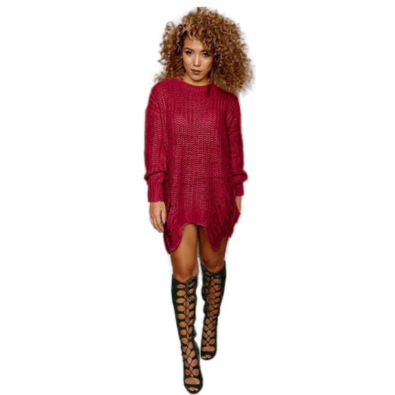 Sedrinuo Casual Knitted Sweater Dresses Women Long Sleeve pullover Round Neck Bodycon Irregular Khaki/Black Loose Sweater Dress