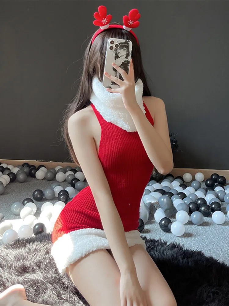Sexy Christmas Sweater Dress with Faux Fur Trim
