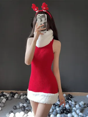 Sexy Christmas Sweater Dress with Faux Fur Trim