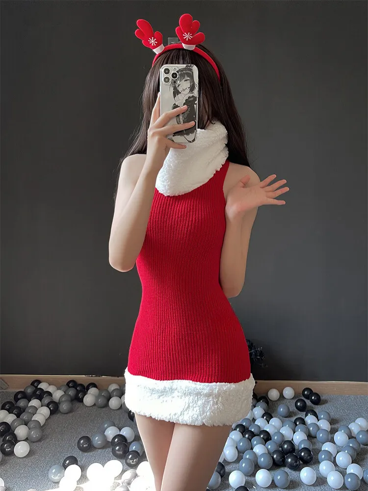 Sexy Christmas Sweater Dress with Faux Fur Trim