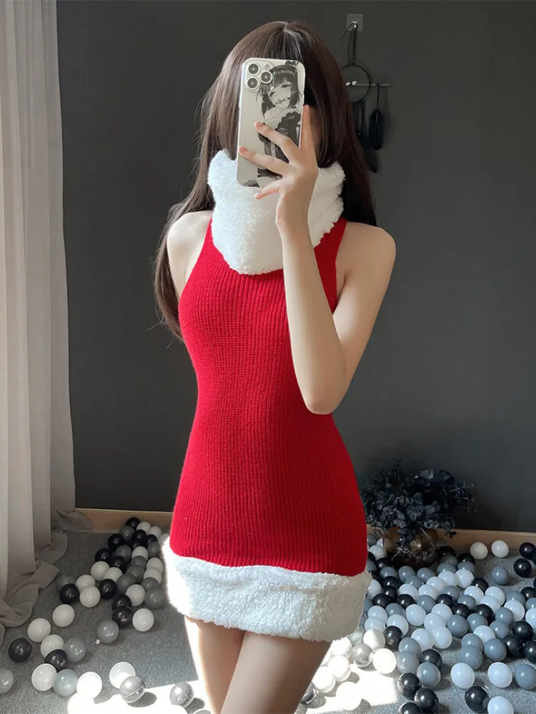 Sexy Christmas Sweater Dress with Faux Fur Trim