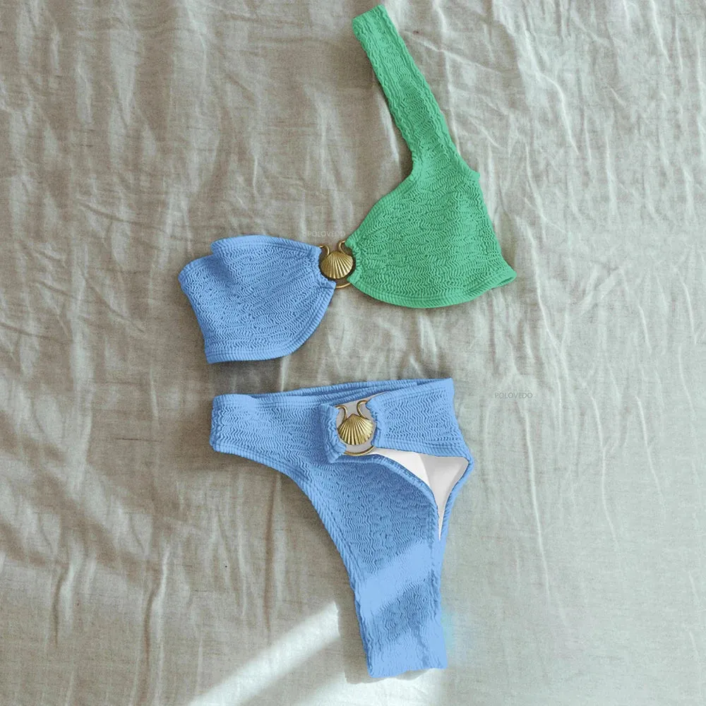 Sexy One Shoulder Bikini Textured Swimwear High Cut Swimsuit Bathing Suit
