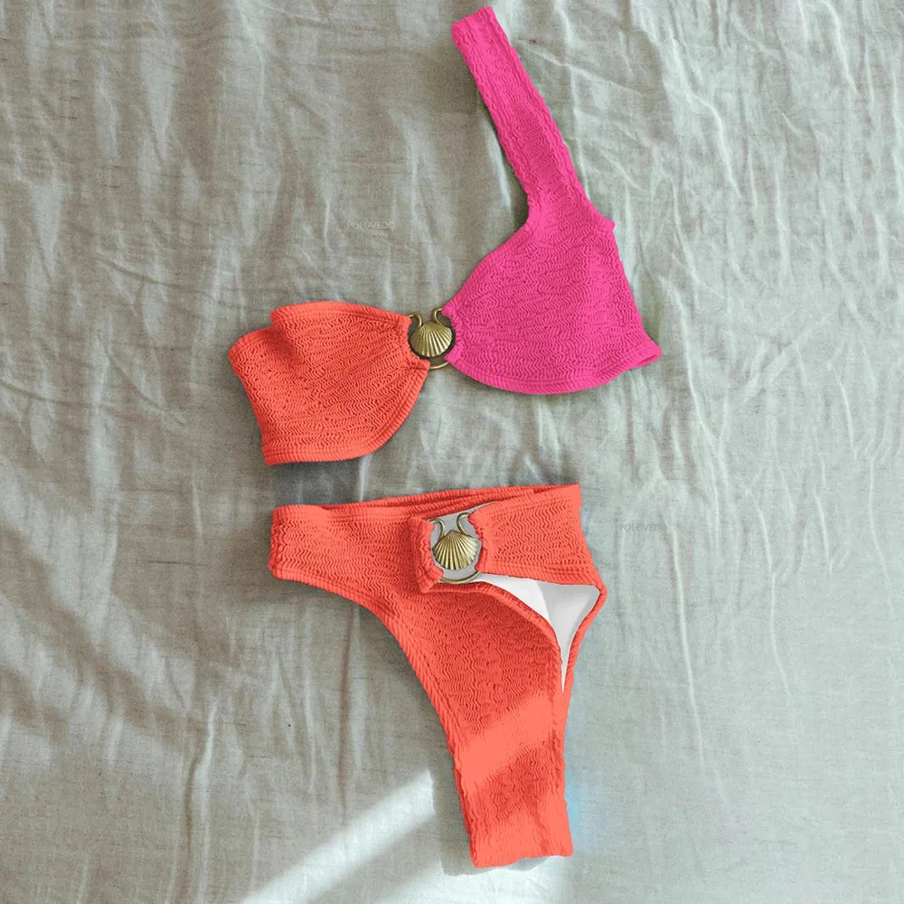 Sexy One Shoulder Bikini Textured Swimwear High Cut Swimsuit Bathing Suit