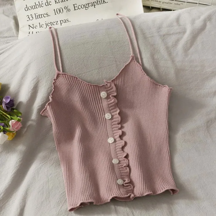 Sexy Solid Ruffle Knitted Slim Tank Top