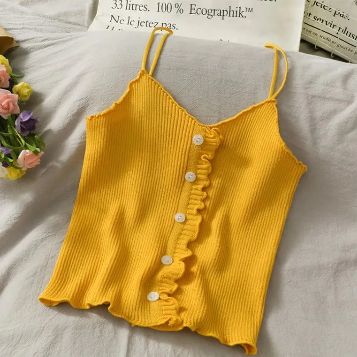 Sexy Solid Ruffle Knitted Slim Tank Top
