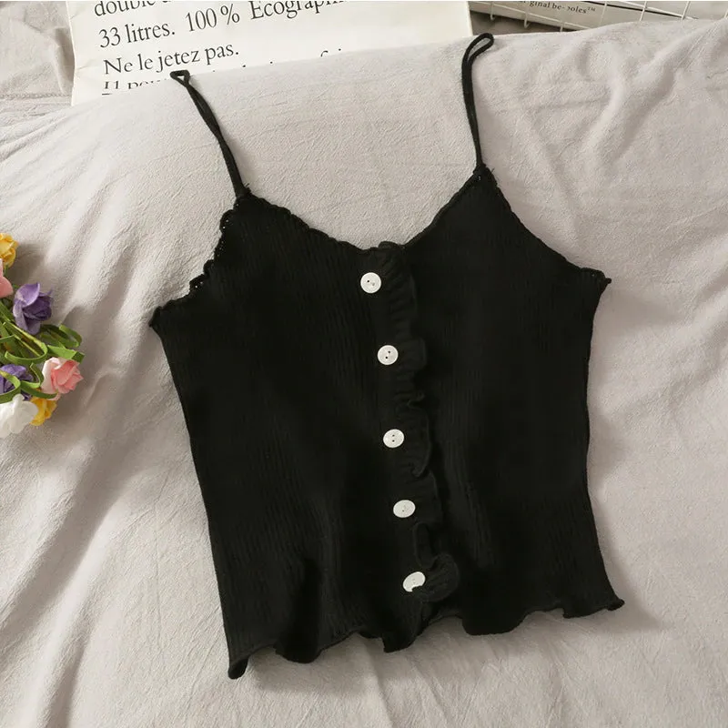 Sexy Solid Ruffle Knitted Slim Tank Top