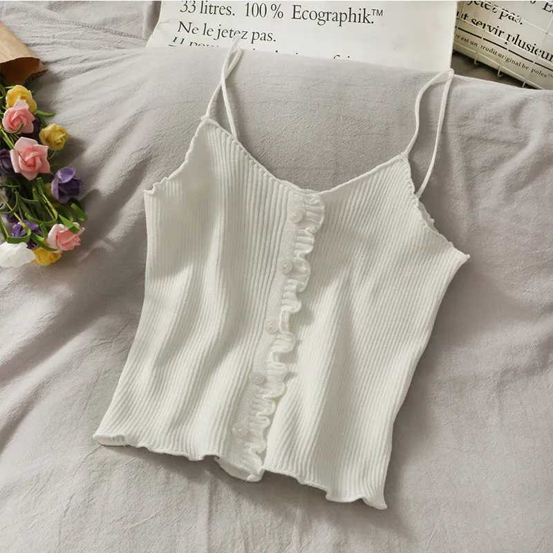 Sexy Solid Ruffle Knitted Slim Tank Top