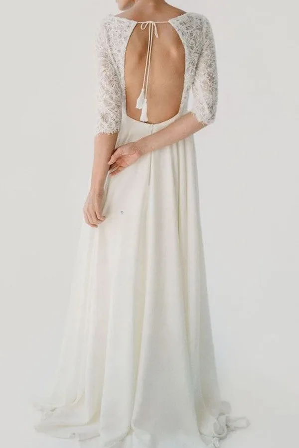 Sheer Neckline Half-sleeves Bridal Dresses for Beach Weddings
