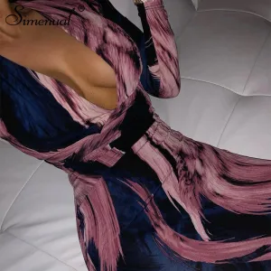 Simenual Tiefe V Ansatz Dünne Frauen Bodycon Kleider Drucken Sexy Hot Clubwear Mode 2019 Langarm Party Midi Kleid Weibliche dünne