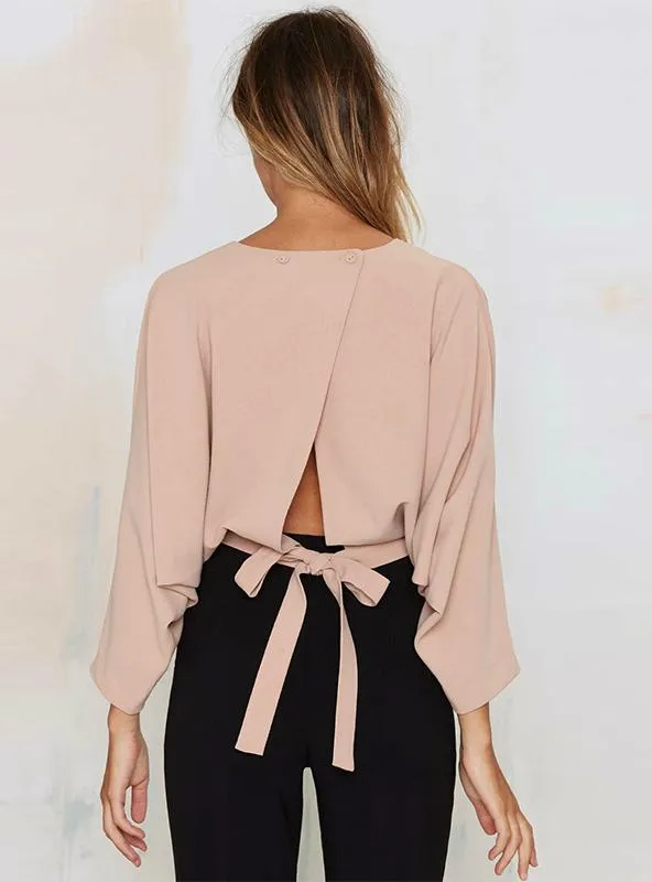 SLEEVE CROP TOPS DRAWSTRING BUTTONS
