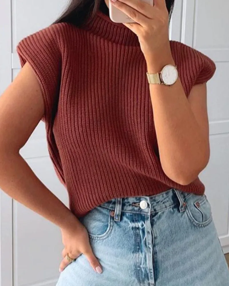 Sleeveless High-collared Shoulder Padded Pads Sweaters