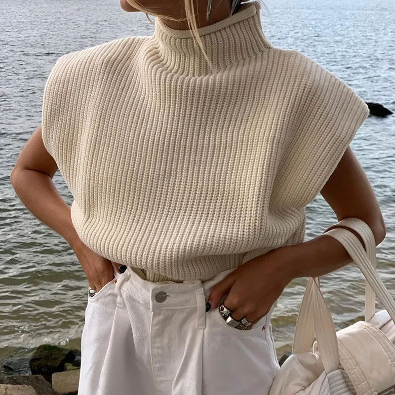 Sleeveless High-collared Shoulder Padded Pads Sweaters