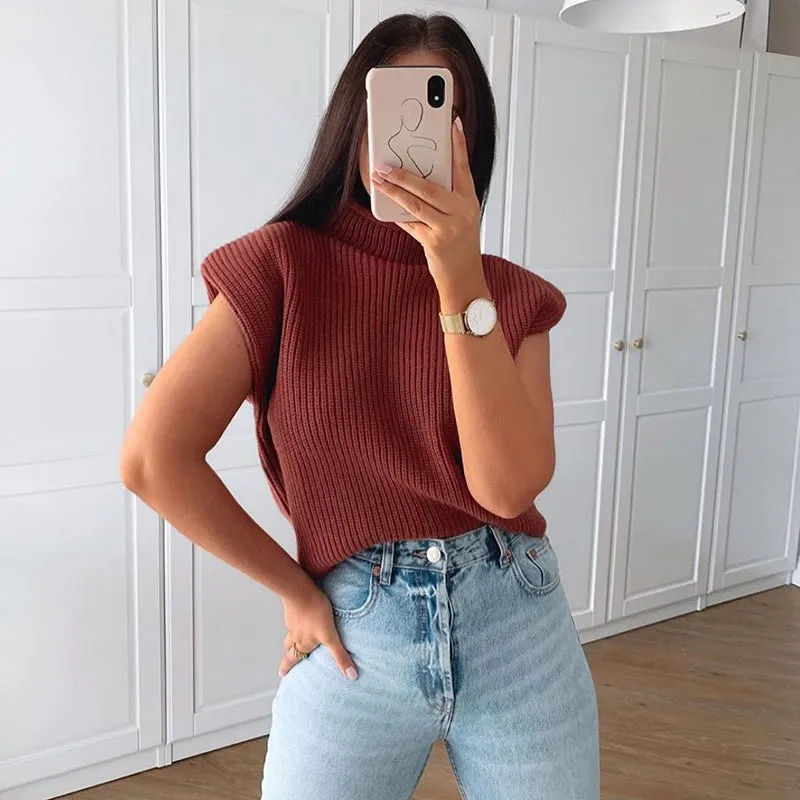Sleeveless High-collared Shoulder Padded Pads Sweaters