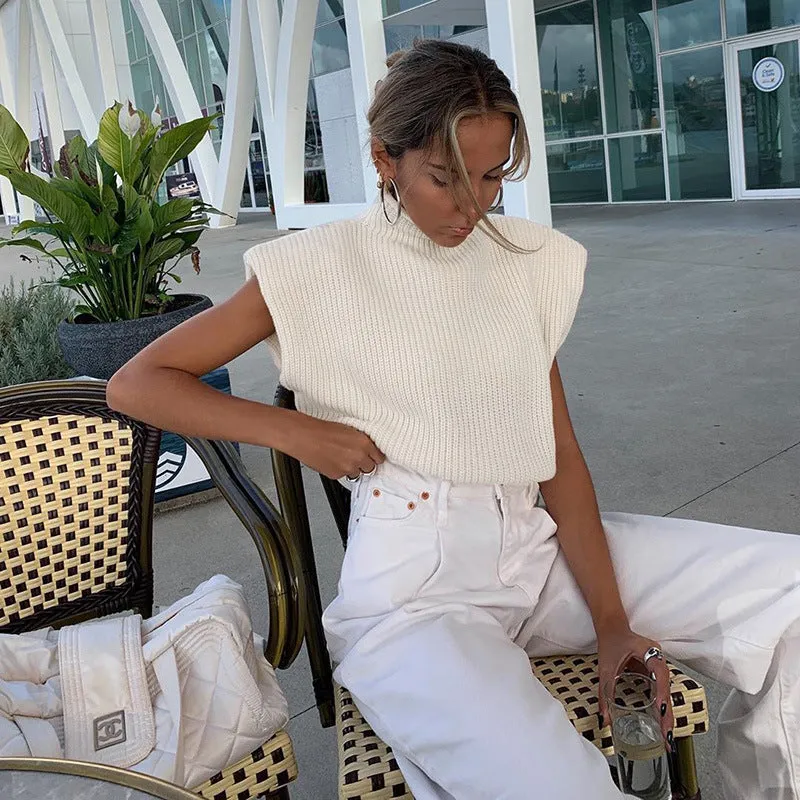 Sleeveless High-collared Shoulder Padded Pads Sweaters
