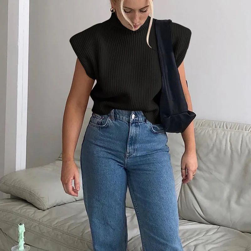 Sleeveless High-collared Shoulder Padded Pads Sweaters