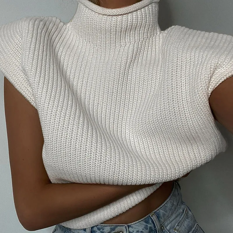 Sleeveless High-collared Shoulder Padded Pads Sweaters