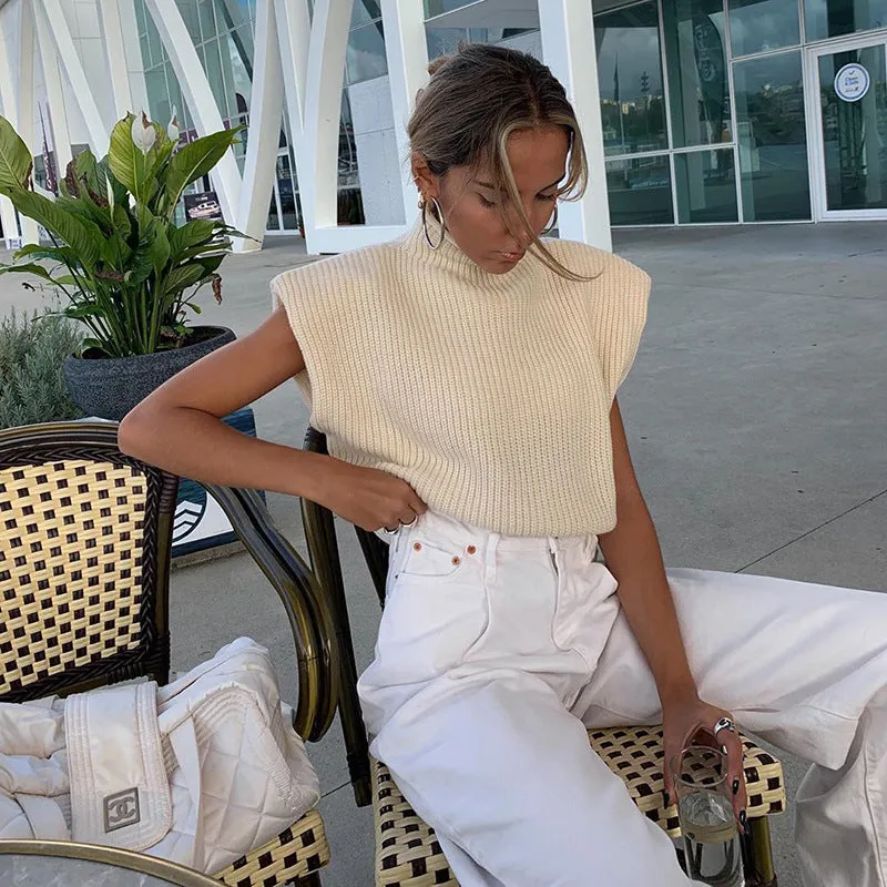Sleeveless High-collared Shoulder Padded Pads Sweaters