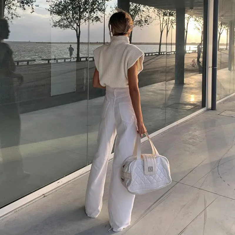 Sleeveless High-collared Shoulder Padded Pads Sweaters