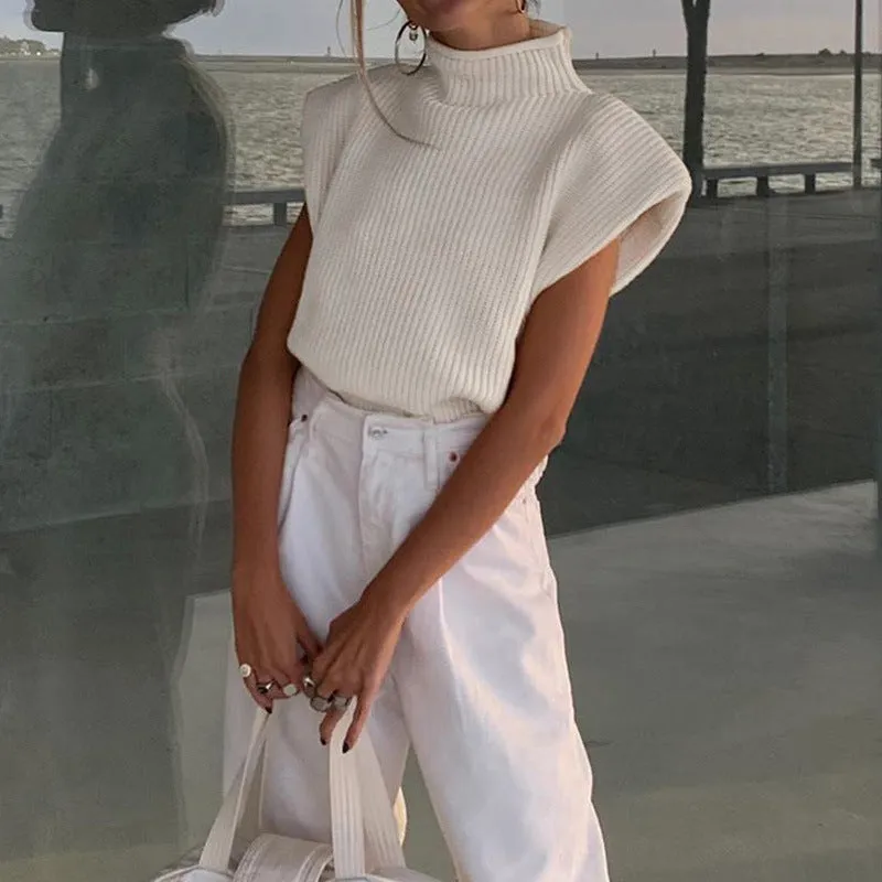 Sleeveless High-collared Shoulder Padded Pads Sweaters