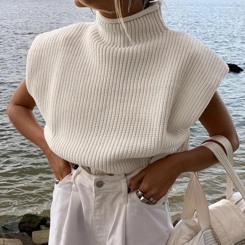 Sleeveless High-collared Shoulder Padded Pads Sweaters