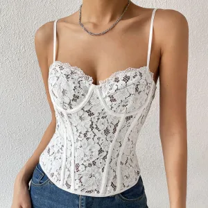 Sleeveless Sheer Lace Corset Top - White