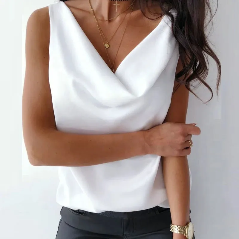 Sleeveless Silk Blouse Shirt for Women Summer High Quality Chain Halter Blouse Shirt Elegant Office Business Solid Tops
