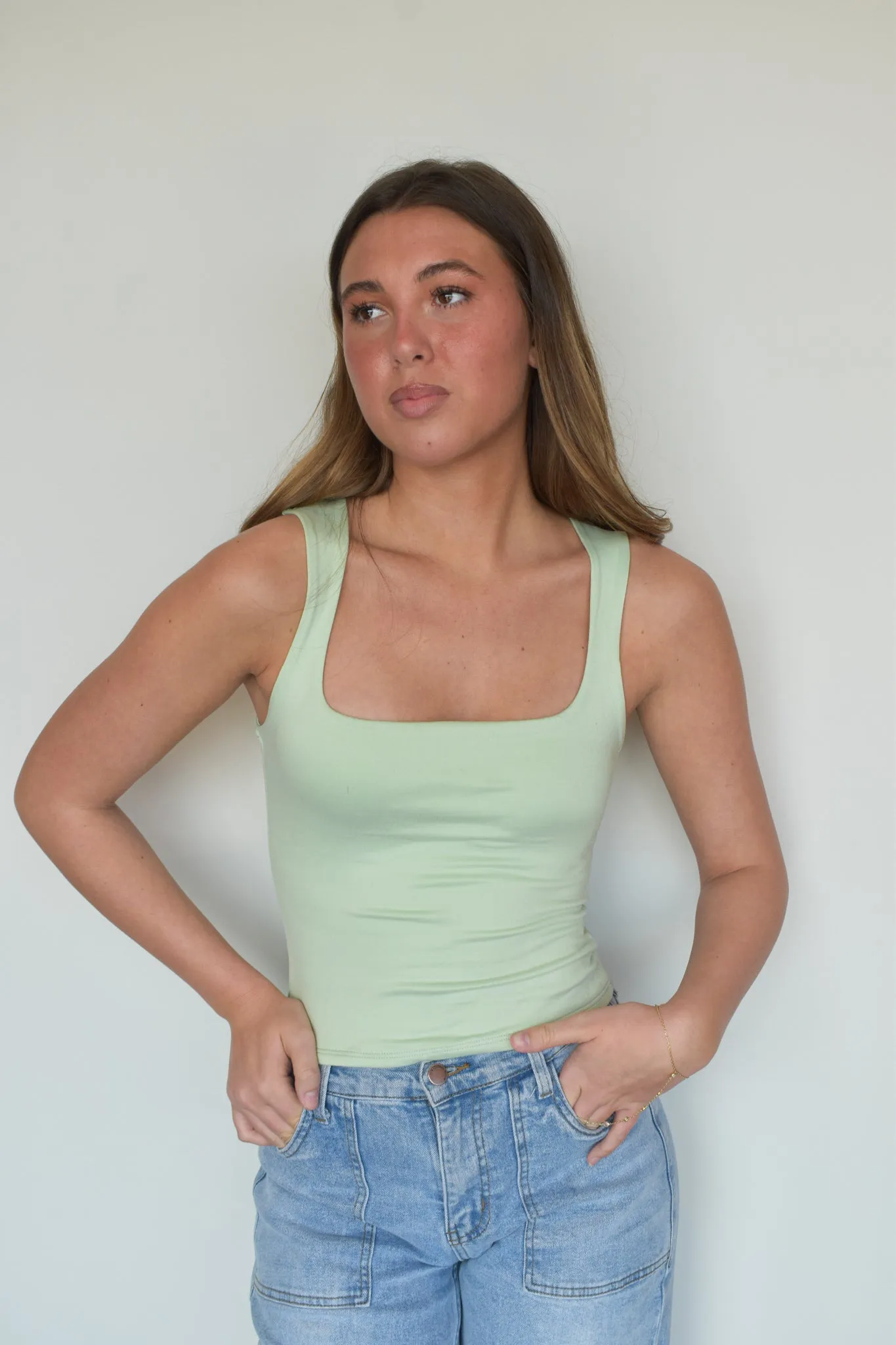 Sleeveless Square Neck Tank- Mint