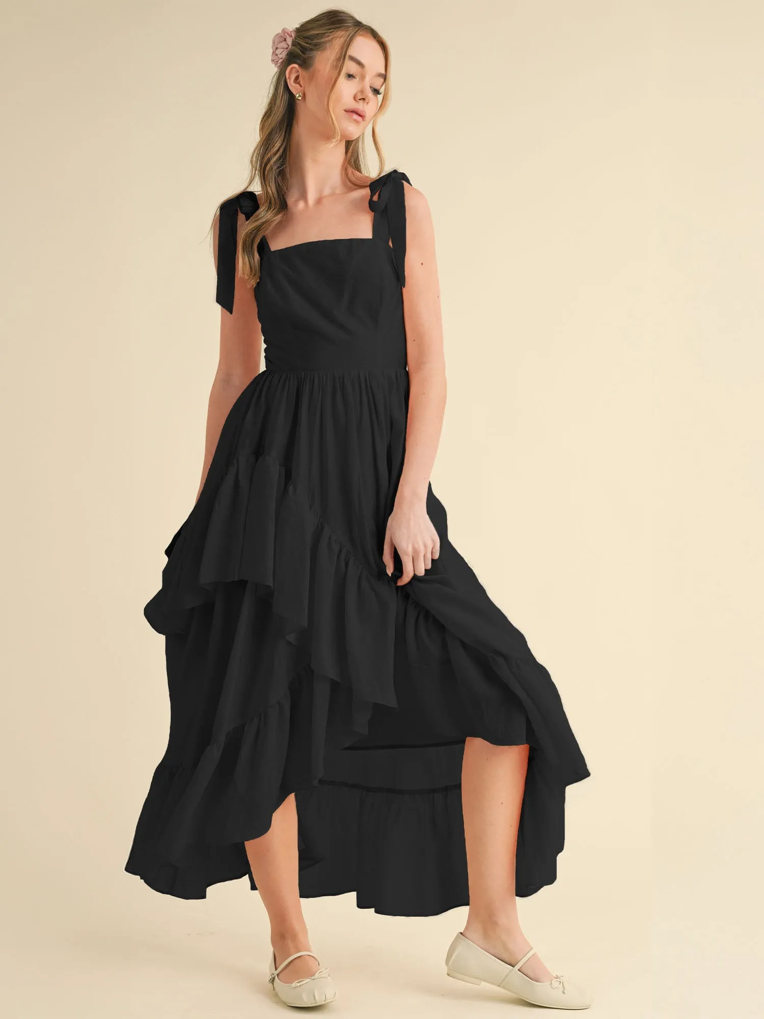 Sleeveless Tie Shoulder Ruffle Dress