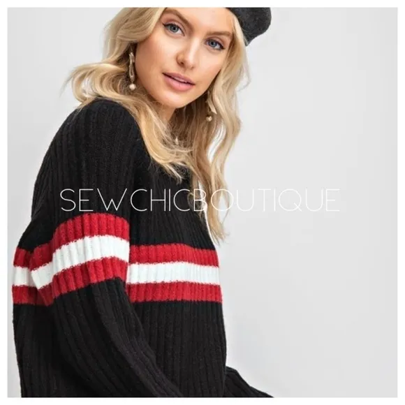 SLOUCHY Athletic Striped Front Knit Sweater