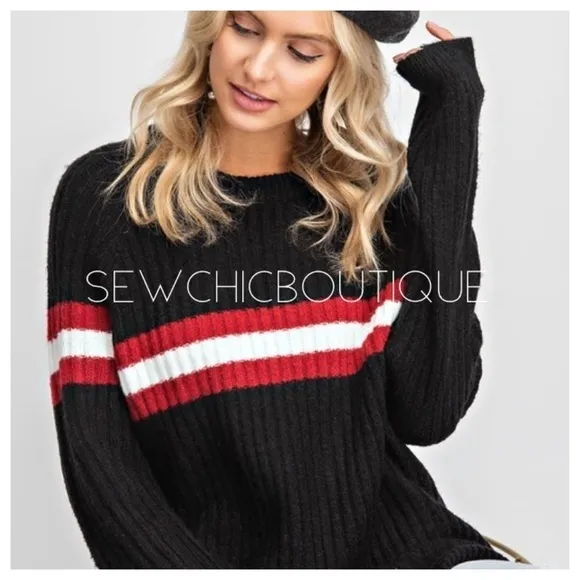 SLOUCHY Athletic Striped Front Knit Sweater