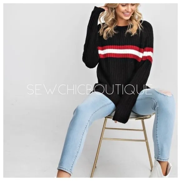 SLOUCHY Athletic Striped Front Knit Sweater