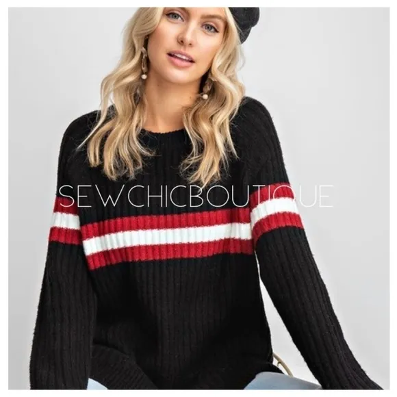 SLOUCHY Athletic Striped Front Knit Sweater