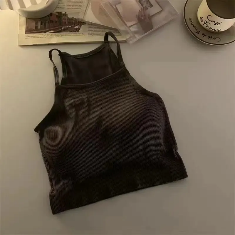 Solid Color Crop Tank Top with Chest Pad for Women
