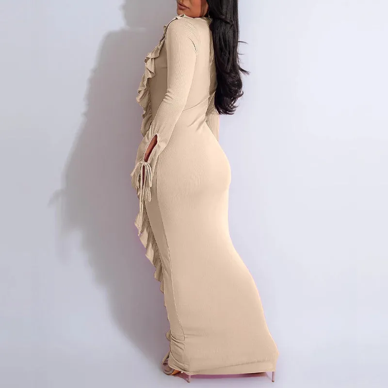 Solid Long Sleeve Ties Frilled Maxi Dress