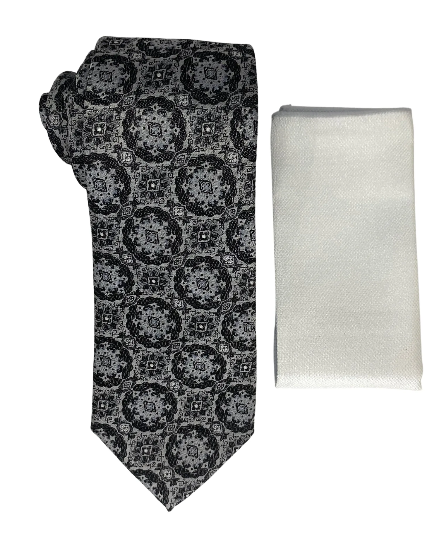 Stacy Adams Medallion Tie and Handkerchief - Black & Gray