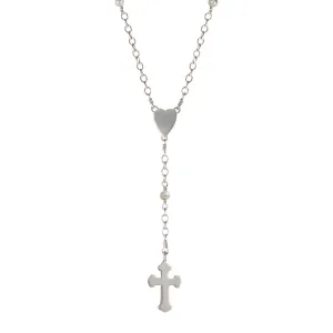 Sterling Silver Heart and Cross Rosary Necklace on Pearl Chain