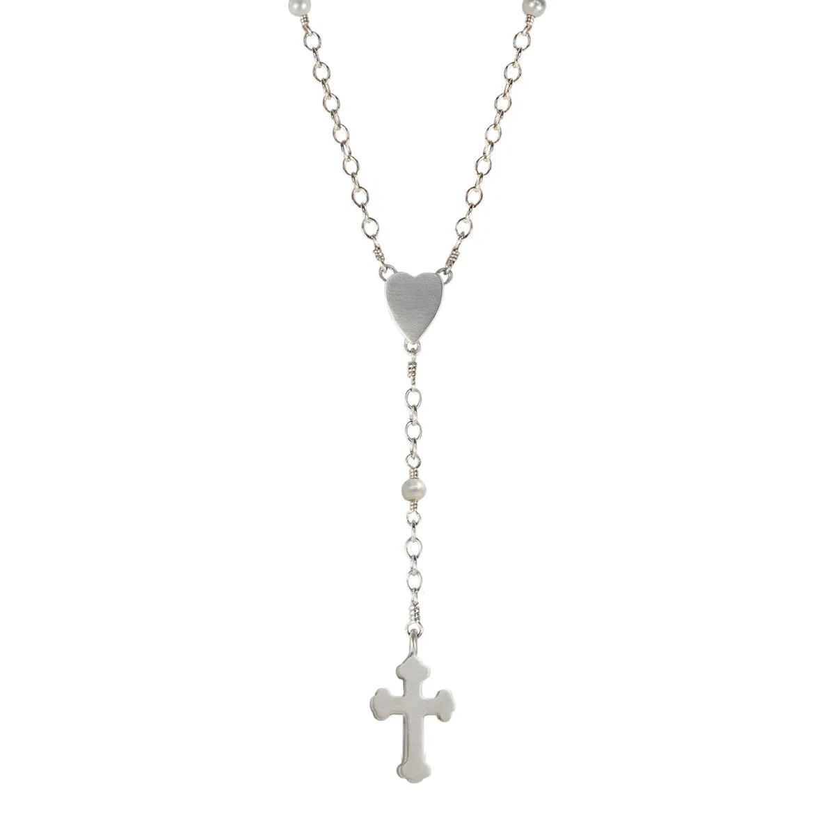 Sterling Silver Heart and Cross Rosary Necklace on Pearl Chain