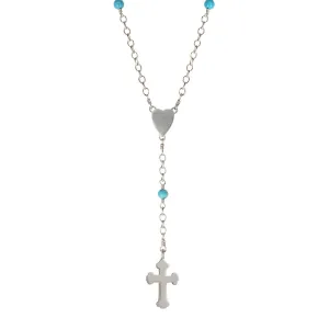 Sterling Silver Heart and Cross Rosary Necklace on Turquoise Chain