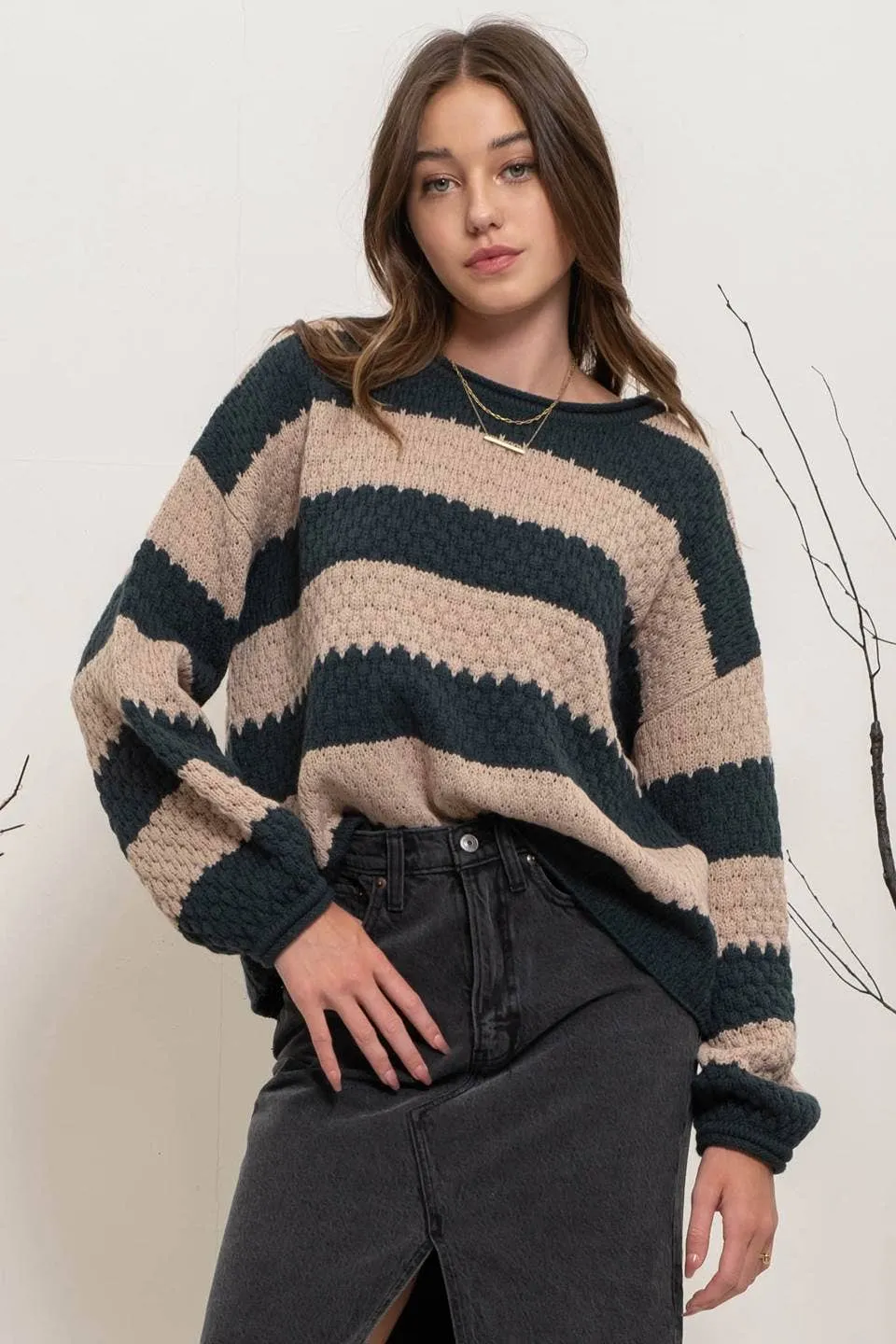 STRIPED CREW KNIT SWEATER