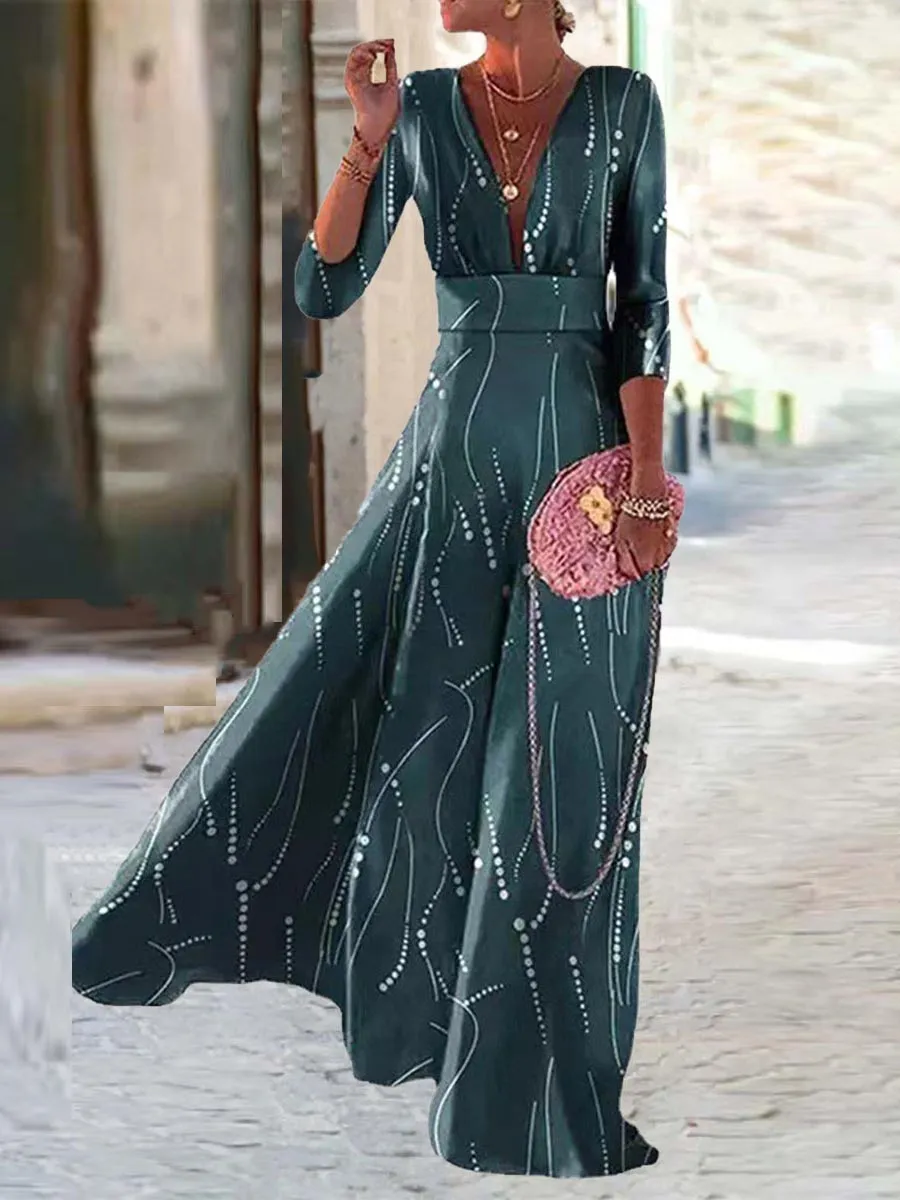 Stunncal Elegant Geometric Printing V Neck A Line Dresses