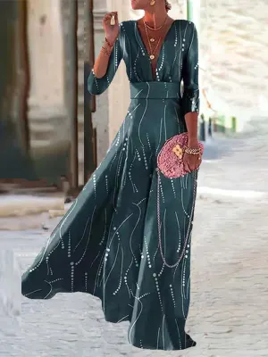 Stunncal Elegant Geometric Printing V Neck A Line Dresses