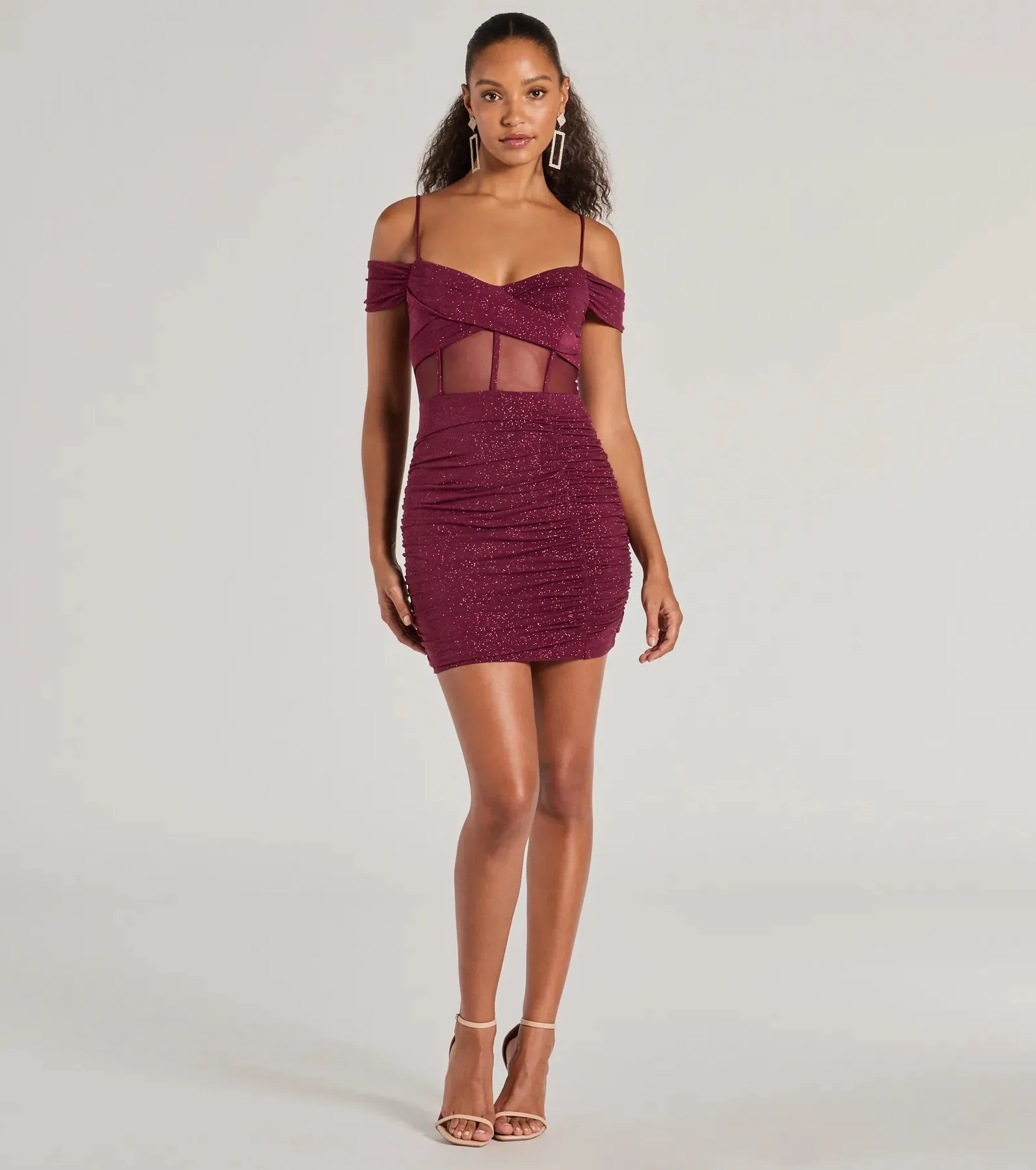 Sultry Glitz Glitter Cold-Shoulder Mini Dress