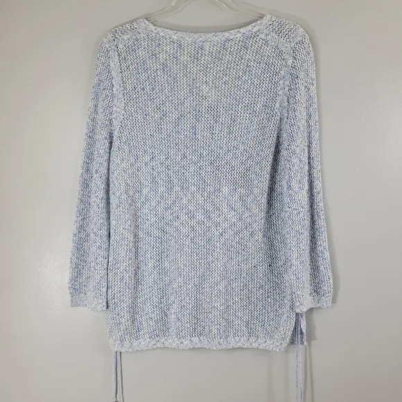 TALBOTS blue pima cotton open knit tassel beachy popover long sleeve sweater NEW