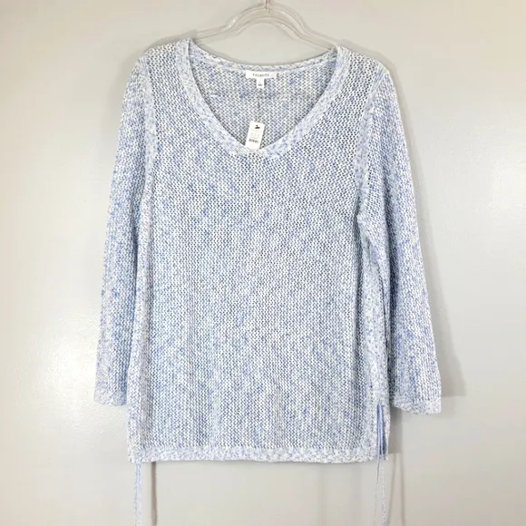 TALBOTS blue pima cotton open knit tassel beachy popover long sleeve sweater NEW