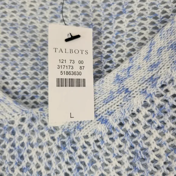 TALBOTS blue pima cotton open knit tassel beachy popover long sleeve sweater NEW