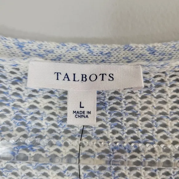 TALBOTS blue pima cotton open knit tassel beachy popover long sleeve sweater NEW