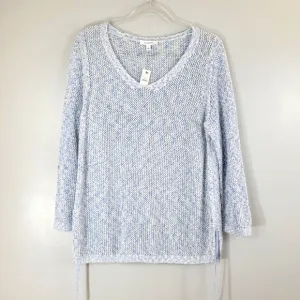 TALBOTS blue pima cotton open knit tassel beachy popover long sleeve sweater NEW